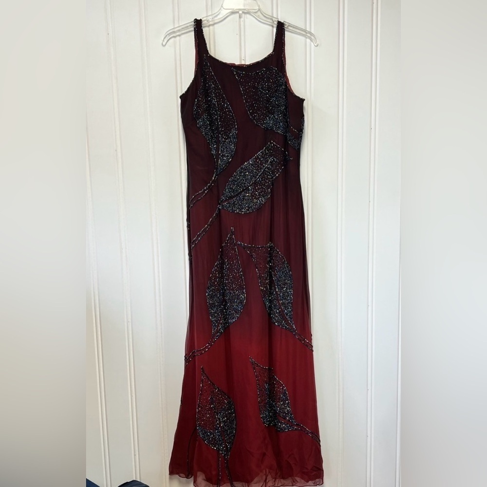 Vintage 90s Beaded Formal Dress XL Burgundy Evening Gown Y2K Prom J Matadi